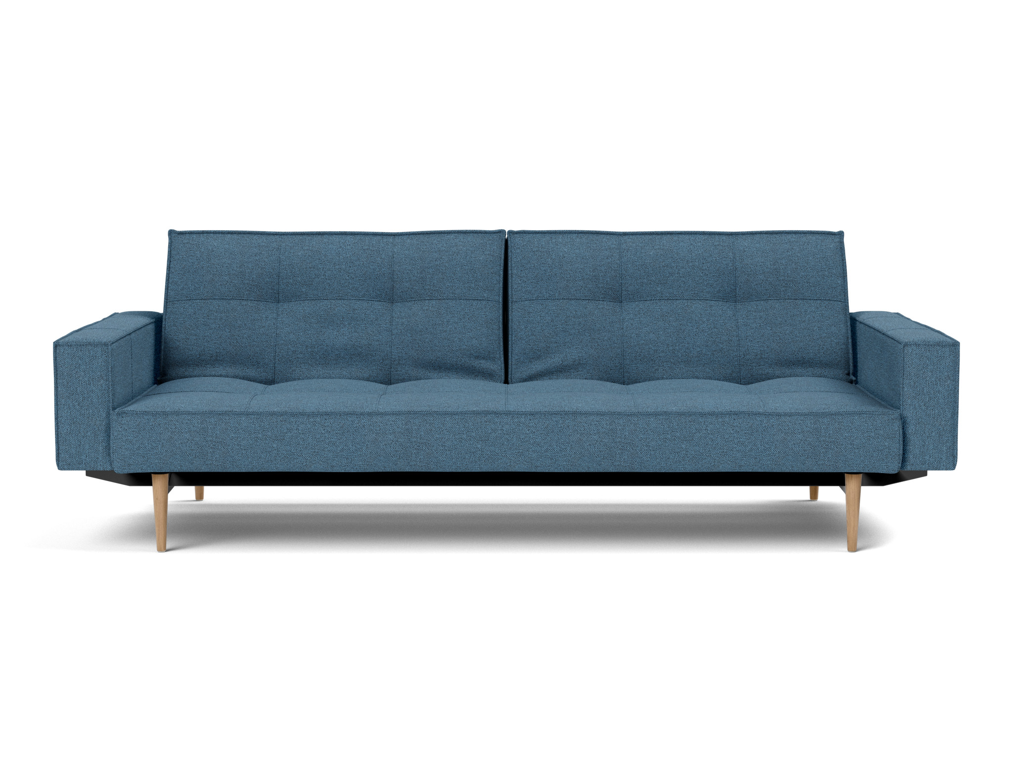 Schlafsofa Splitback mit Armlehnen Strukturierter Stoff Weda 302-Weda-Blue Beine Styletto Eiche hell