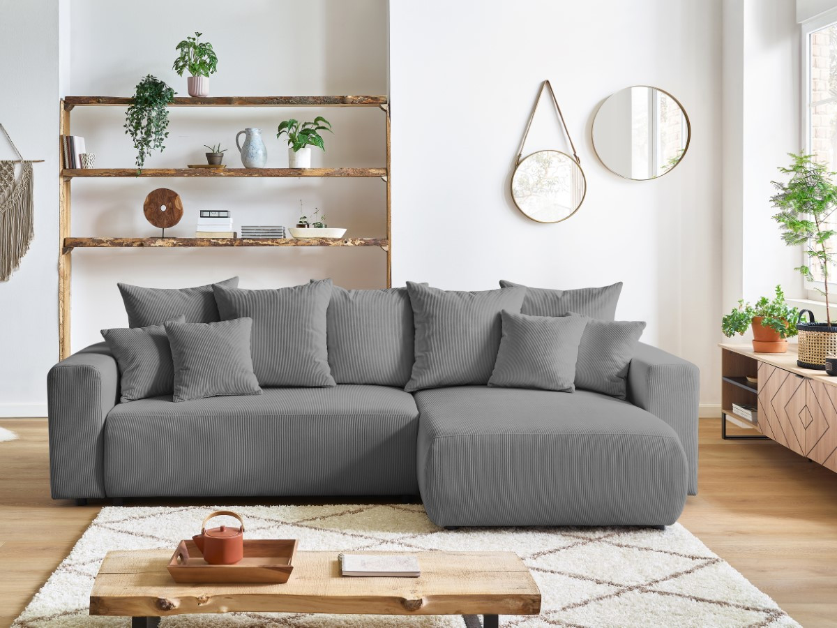 Bobochic Envy Ecksofa mit Schlaffunktion und Bettkasten Cordsamt Dunkelgrau