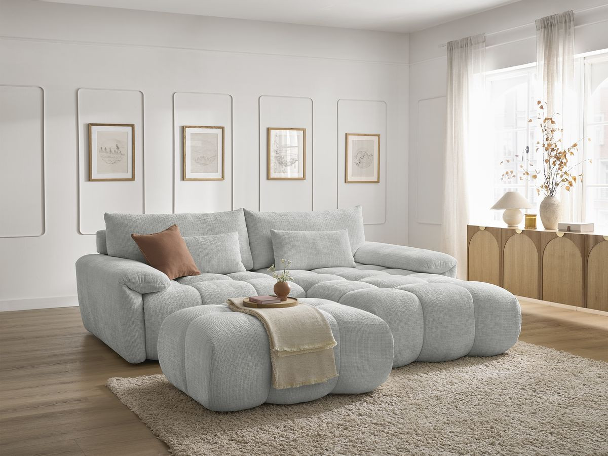 Bobochic Ivane Ecksofa mit Pouf Strukturstoff Hellgrau Ecke rechts
