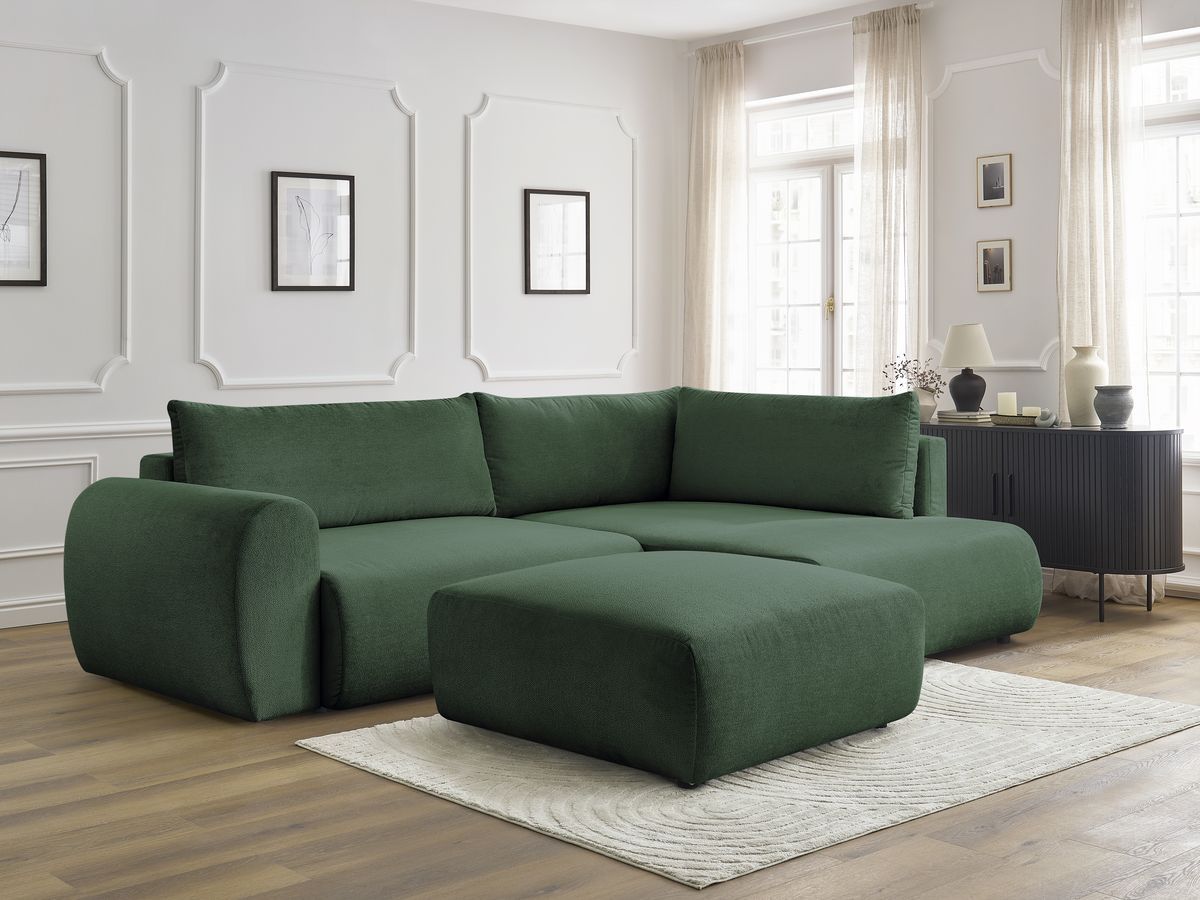 Bobochic Lucien Ecksofa mit Schlaffunktion und Bettkasten und Pouf 296 × 198 cm Stoff Grün Ecke rechts