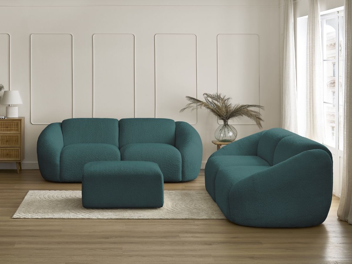 Bobochic Tina Sofa 6-Sitzer mit Pouf Bouclé-Stoff Hellblau