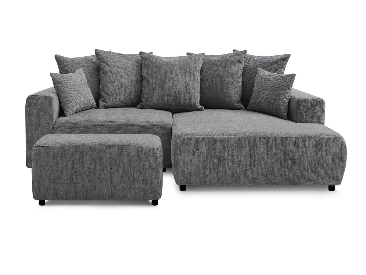 Bobochic Atilla Ecksofa mit Schlaffunktion und Bettkasten und Pouf Strukturstoff Dunkelgrau Ecke rechts