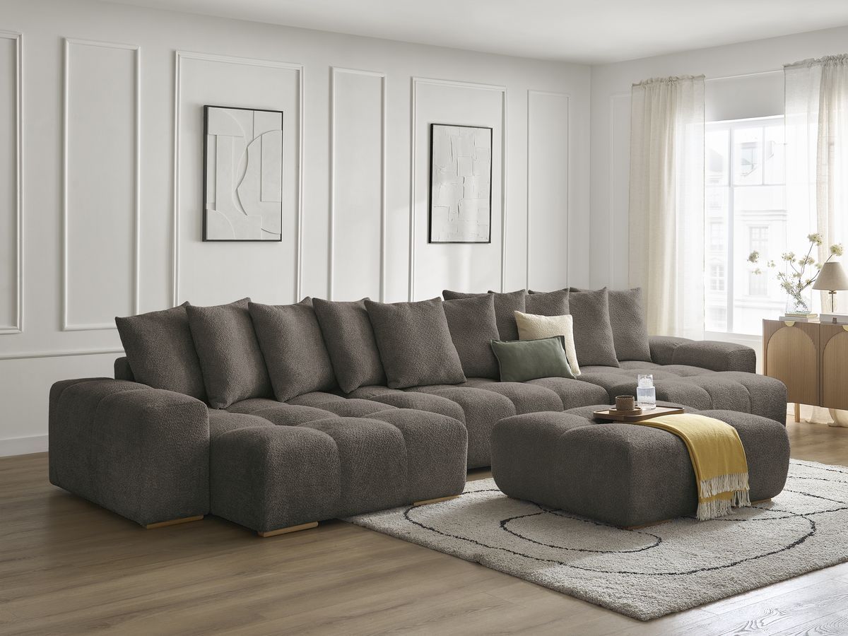 Bobochic Anakin Wohnlandschaft mit Pouf, Liegefläche 137 × 382 cm, 10 Kissen Bouclé-Stoff Braun