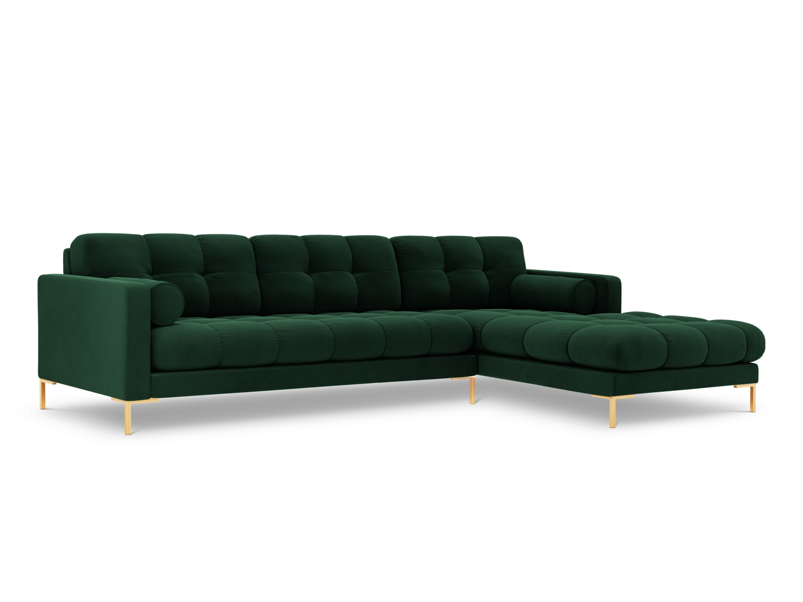 Cosmopolitan Design Ecksofa Bali 5-Sitzer Samt Bluvel Flaschengrün Rechts Beine Gold