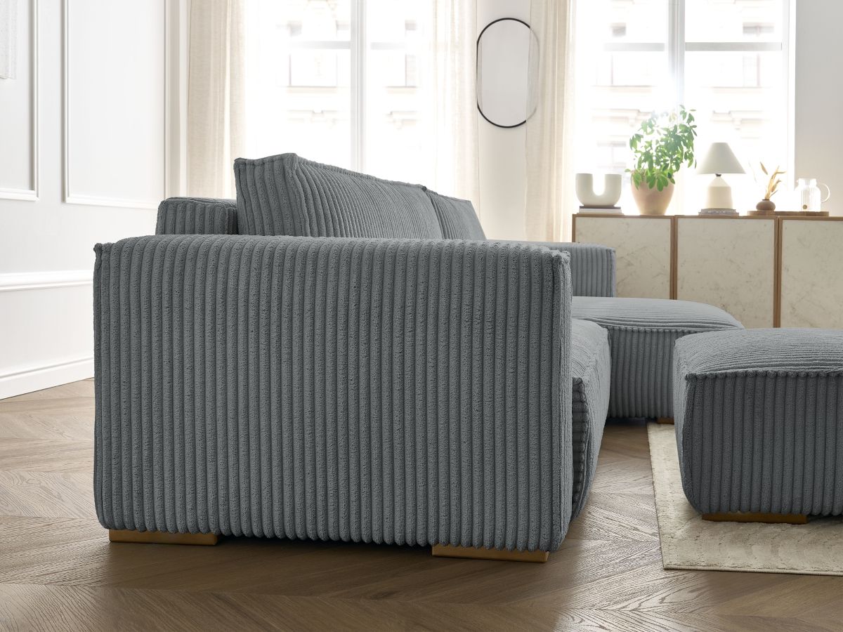 Bobochic Chelsea Ecksofa mit Schlaffunktion und Bettkasten und Pouf Breitcord weich Dunkelgrau