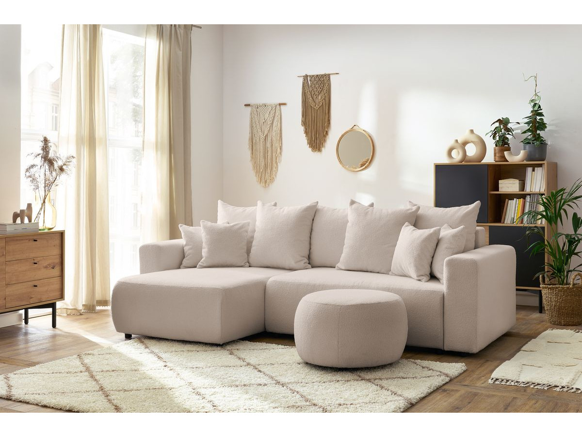 Bobochic Envy Ecksofa mit Schlaffunktion und Bettkasten und rundem Pouf Bouclé-Stoff Beige