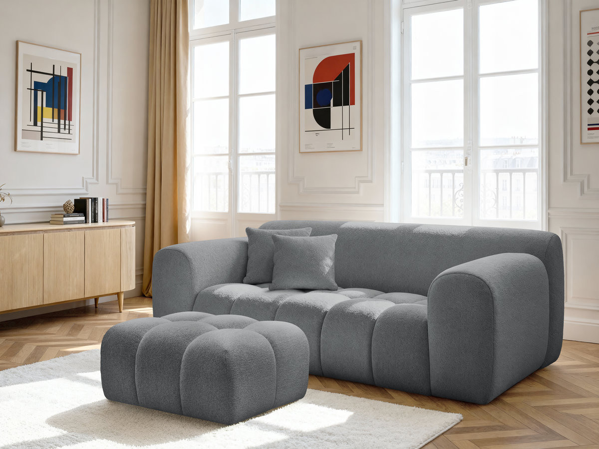 Bobochic Melisse Sofa 2-Sitzer mit Pouf Melange-Stoff Dunkelgrau