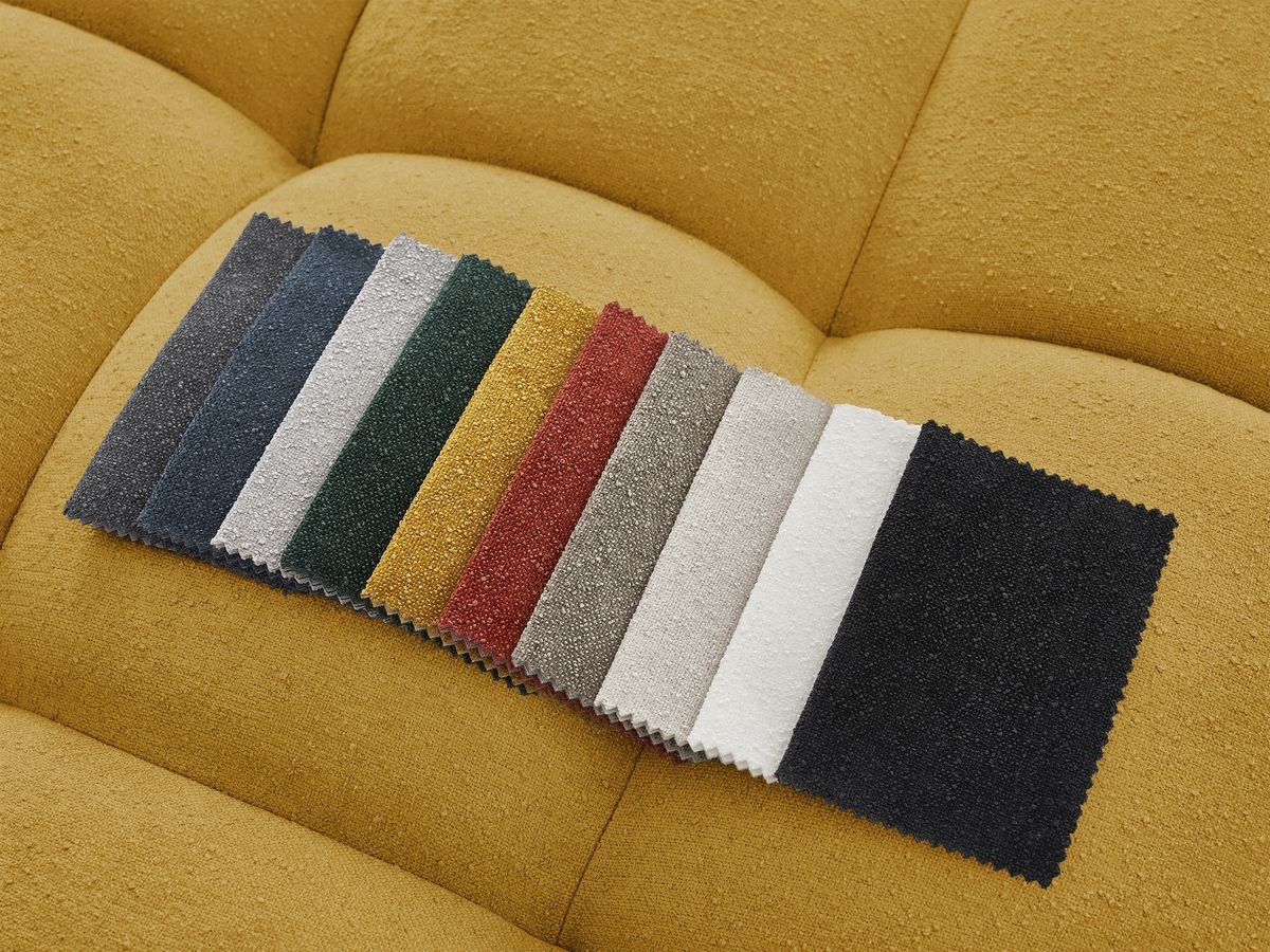 Bobochic Everest Ecksofa mit Schlaffunktion und Pouf, 4 Kissen Strukturstoff Gelb Ecke rechts