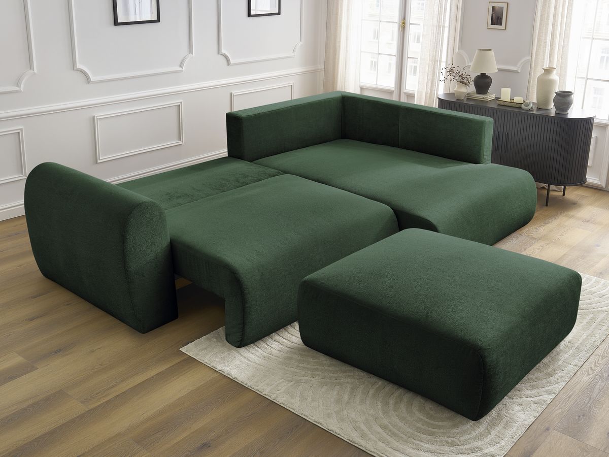 Bobochic Lucien Ecksofa mit Schlaffunktion und Bettkasten und Pouf 296 × 198 cm Stoff Grün Ecke rechts