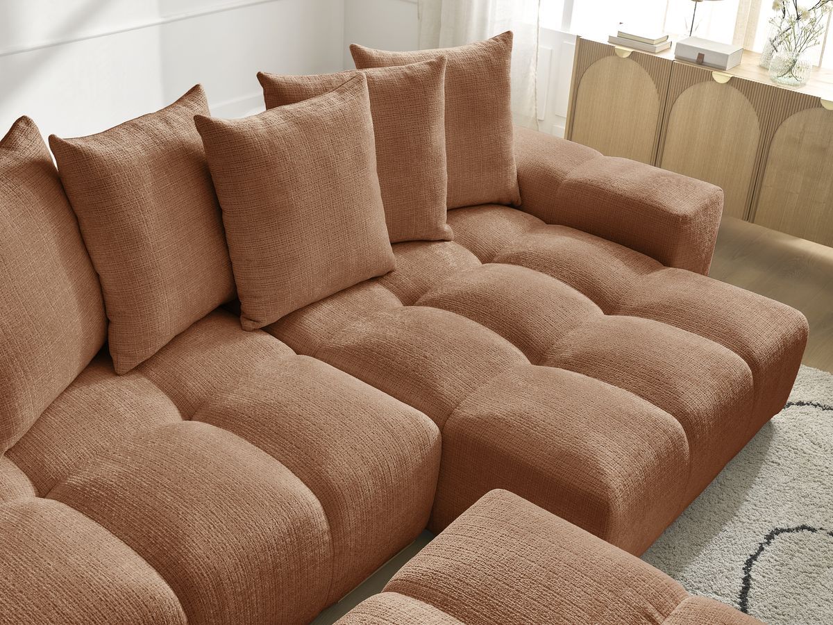 Bobochic Anakin Ecksofa mit Schlaffunktion und Bettkasten und Pouf, 6 Kissen Strukturstoff Orange