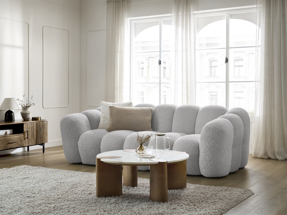 Bobochic Hippolyte Sofa 3-Sitzer Bouclé-Stoff Hellgrau