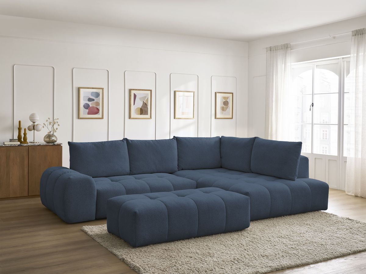 Bobochic Everest Ecksofa mit Schlaffunktion und Bettkasten und Pouf 320 × 212 cm, 5 Kissen Melange-Stoff Dunkelblau Ecke rechts