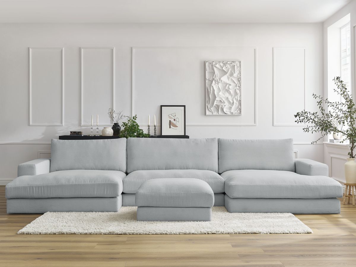 Bobochic Leonard Wohnlandschaft mit Pouf 404 × 159 cm Cordsamt Hellgrau
