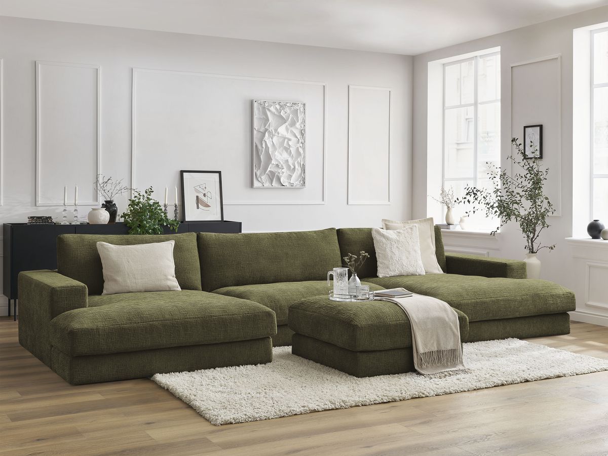 Bobochic Leonard Wohnlandschaft mit Pouf 349 × 159 cm Strukturstoff Grün