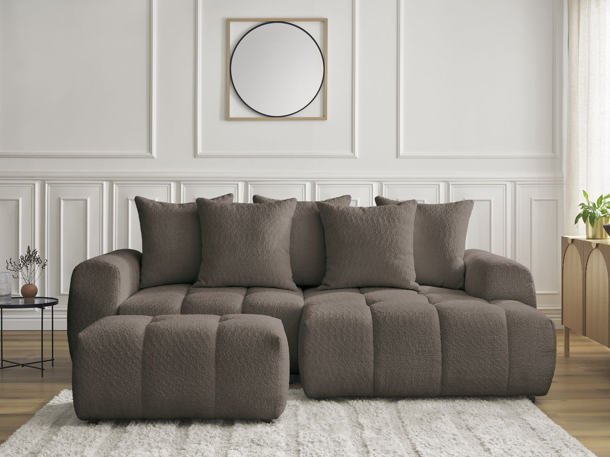 Bobochic Roxelane Ecksofa mit Schlaffunktion und Bettkasten und Pouf 258 × 150 cm Bouclé-Stoff Braun Ecke rechts
