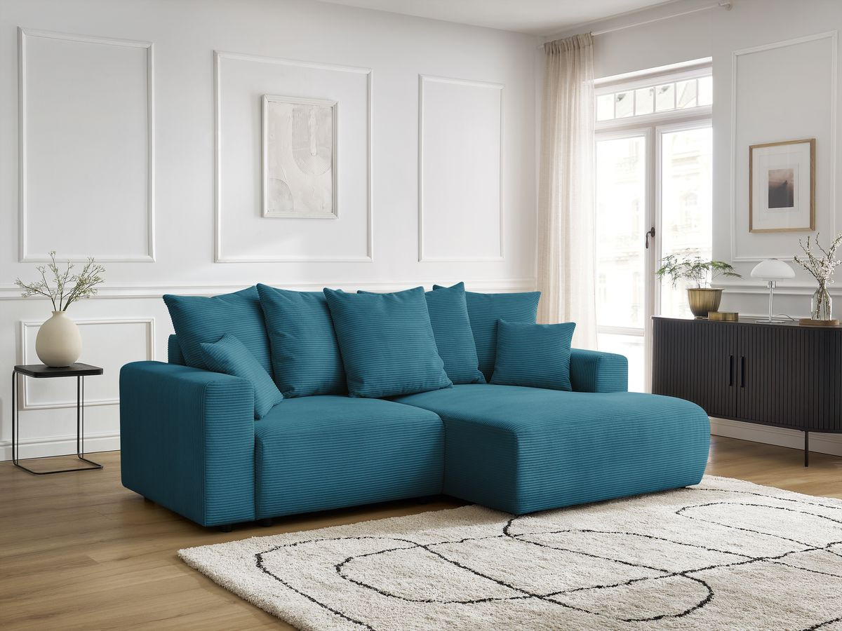 Bobochic Atilla Ecksofa mit Schlaffunktion und Bettkasten Cordsamt Hellblau Ecke rechts