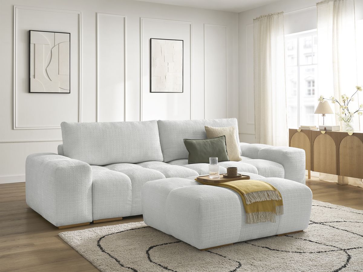 Bobochic Anakin Sofa 3-Sitzer mit Pouf, 2 Kissen Strukturstoff Hellgrau