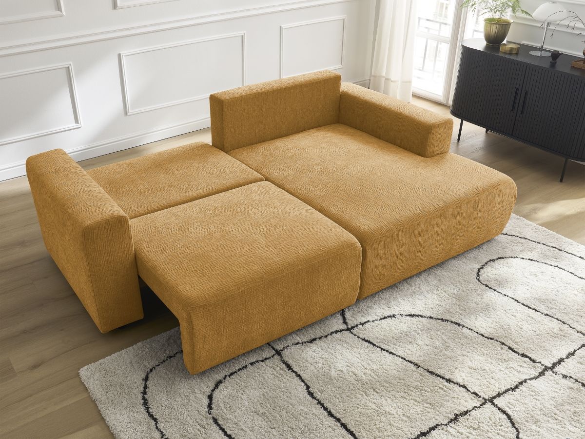 Bobochic Atilla Ecksofa mit Schlaffunktion und Bettkasten Strukturstoff Gelb Ecke rechts
