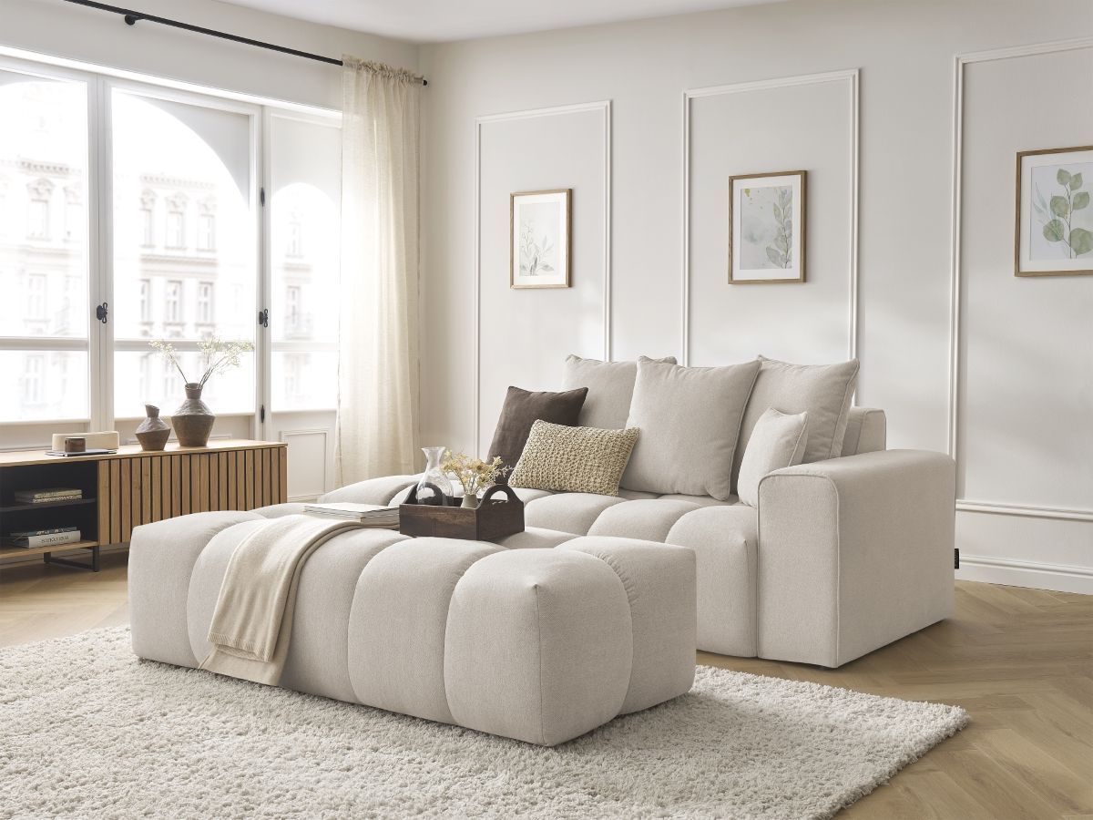 Bobochic Mont-blanc Sofa 5-Sitzer mit Pouf Melange-Stoff Beige Armlehne rechts