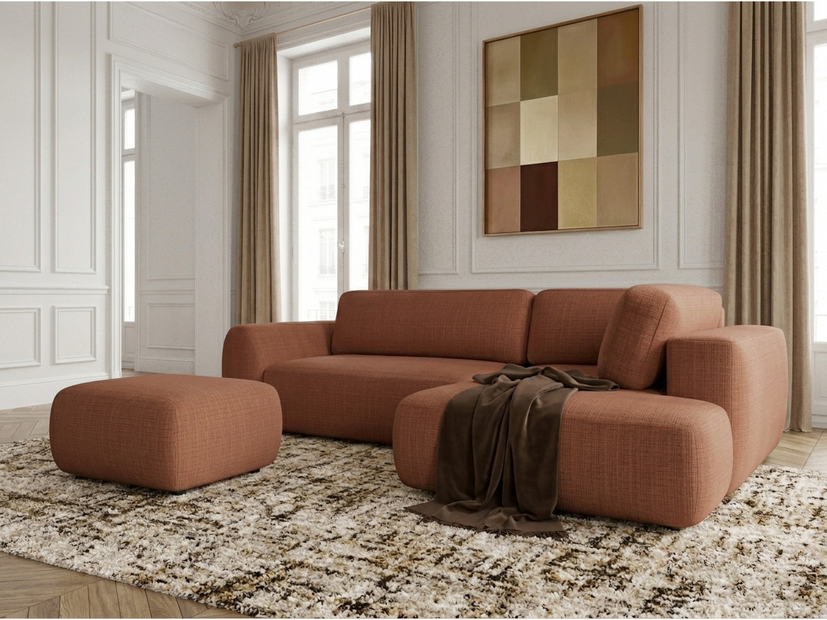 Bobochic Denise Ecksofa mit Schlaffunktion und Bettkasten und Pouf 256 × 197 cm Strukturstoff Orange Ecke rechts