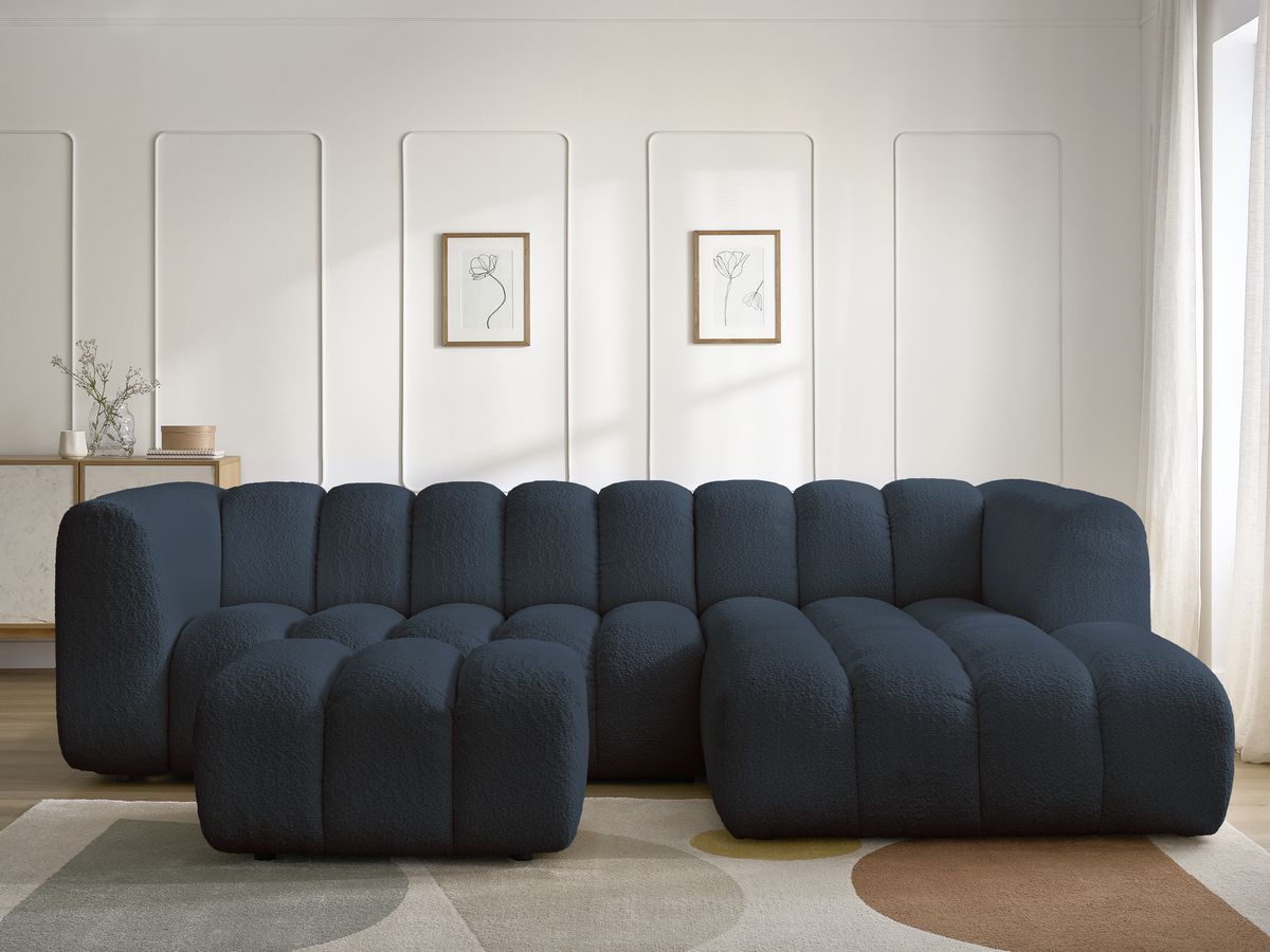 Bobochic Talia Ecksofa mit Pouf Bouclé-Stoff Dunkelblau Ecke rechts