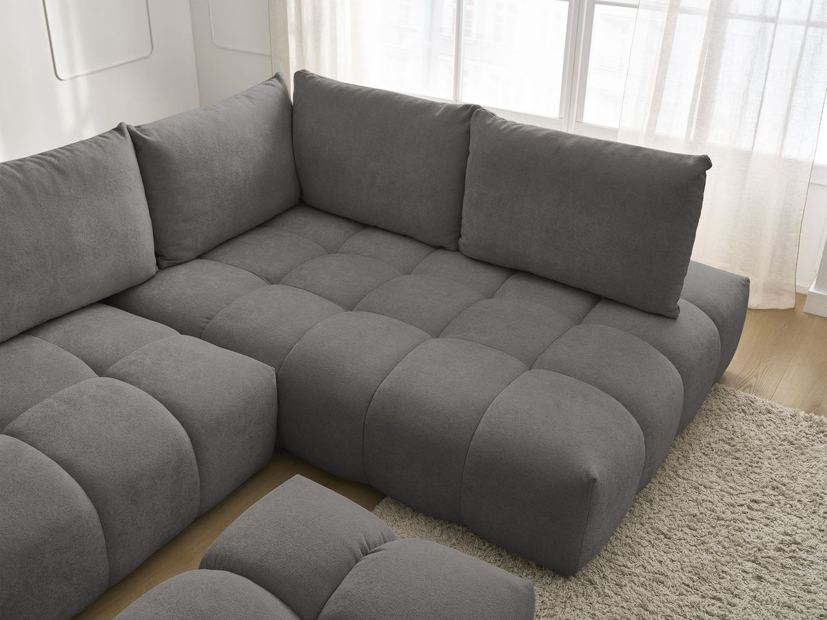 Bobochic Everest Ecksofa mit Schlaffunktion und Bettkasten und Pouf 320 × 212 cm, 5 Kissen Strukturstoff Dunkelgrau Ecke rechts
