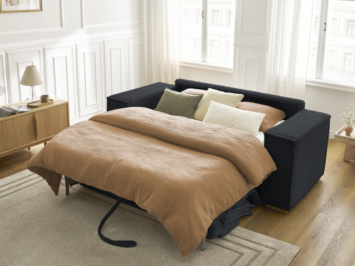 Bobochic Chelsea Schlafsofa 3-Sitzer Cordsamt Schwarz, Liegefläche 160 × 200 cm