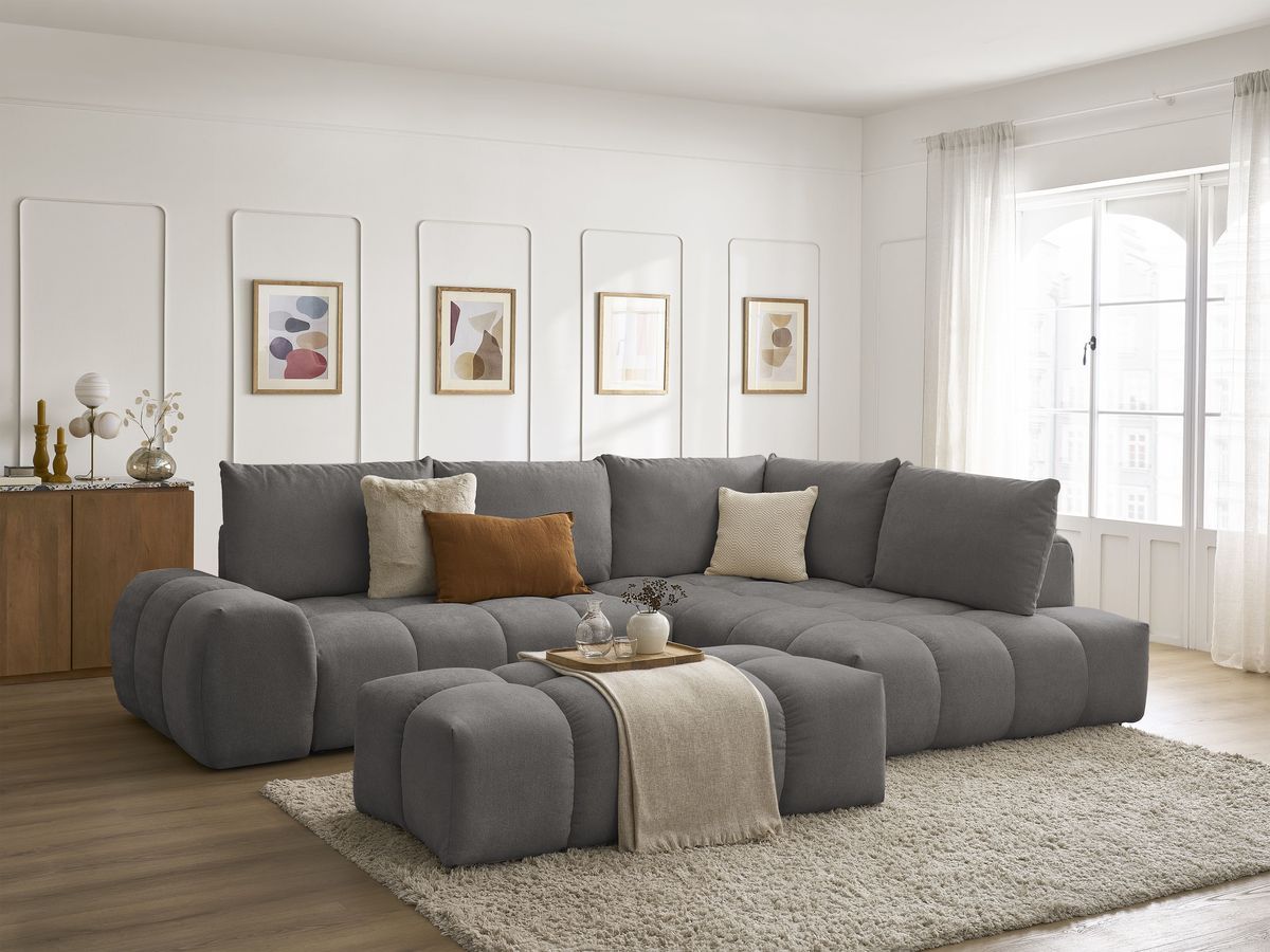 Bobochic Everest Ecksofa mit Schlaffunktion und Bettkasten und Pouf 320 × 212 cm, 5 Kissen Strukturstoff Dunkelgrau Ecke rechts