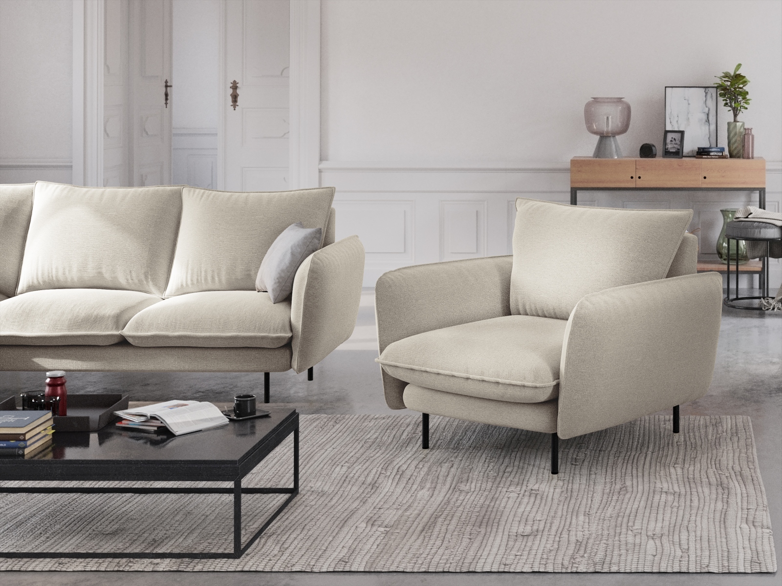 Cosmopolitan Design Sessel Vienna Strukturierter Stoff Positano Helles Beige Beine Schwarzes Metall