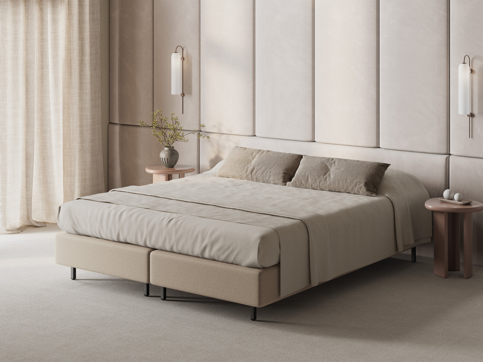 Micadoni Whale Polster-Bettgestell Strukturierter Stoff Babel Beige Schwarzes Metall 90x200