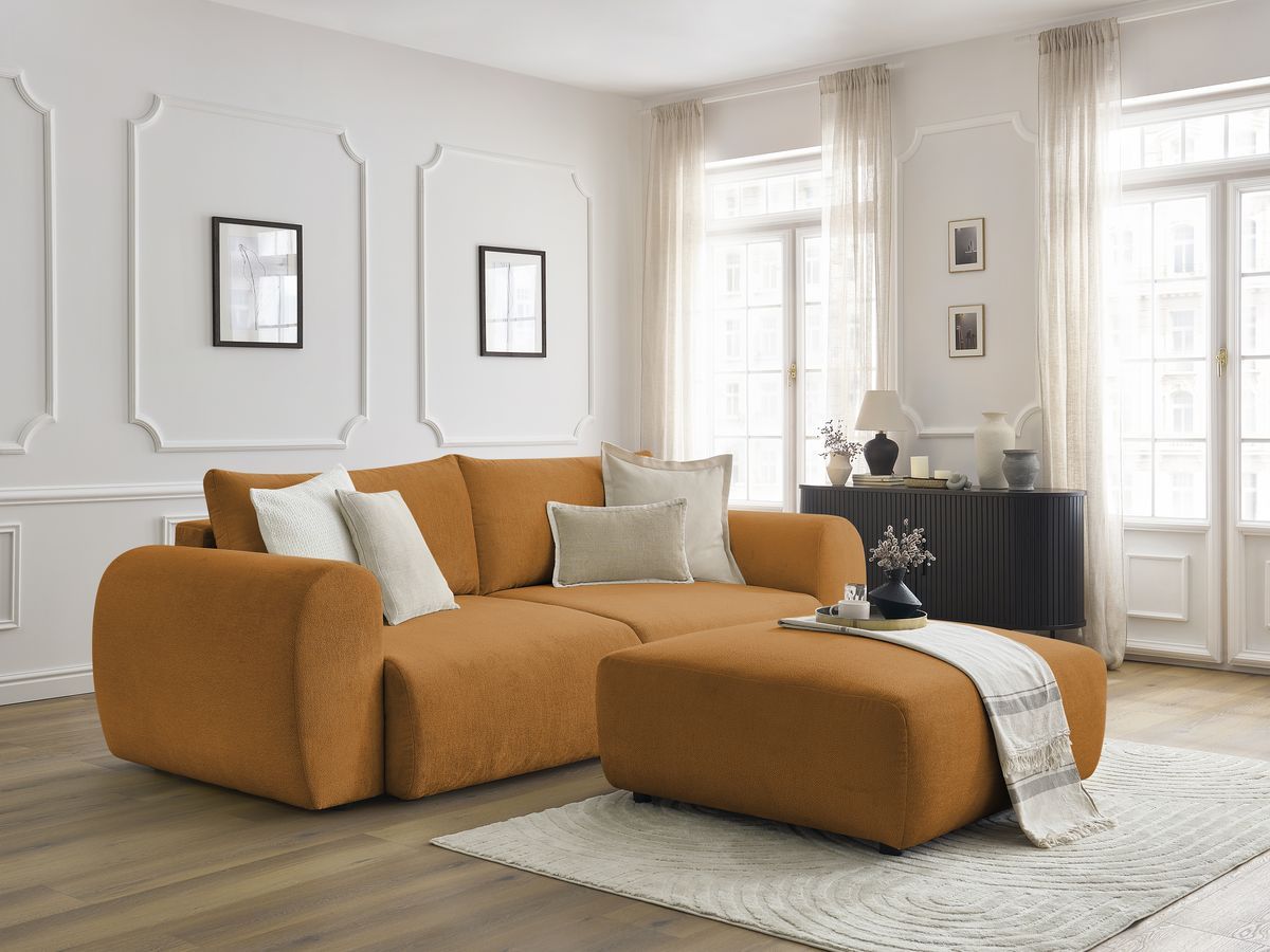 Bobochic Lucien Schlafsofa 4-Sitzer mit Bettkasten und Pouf Stoff Gelb