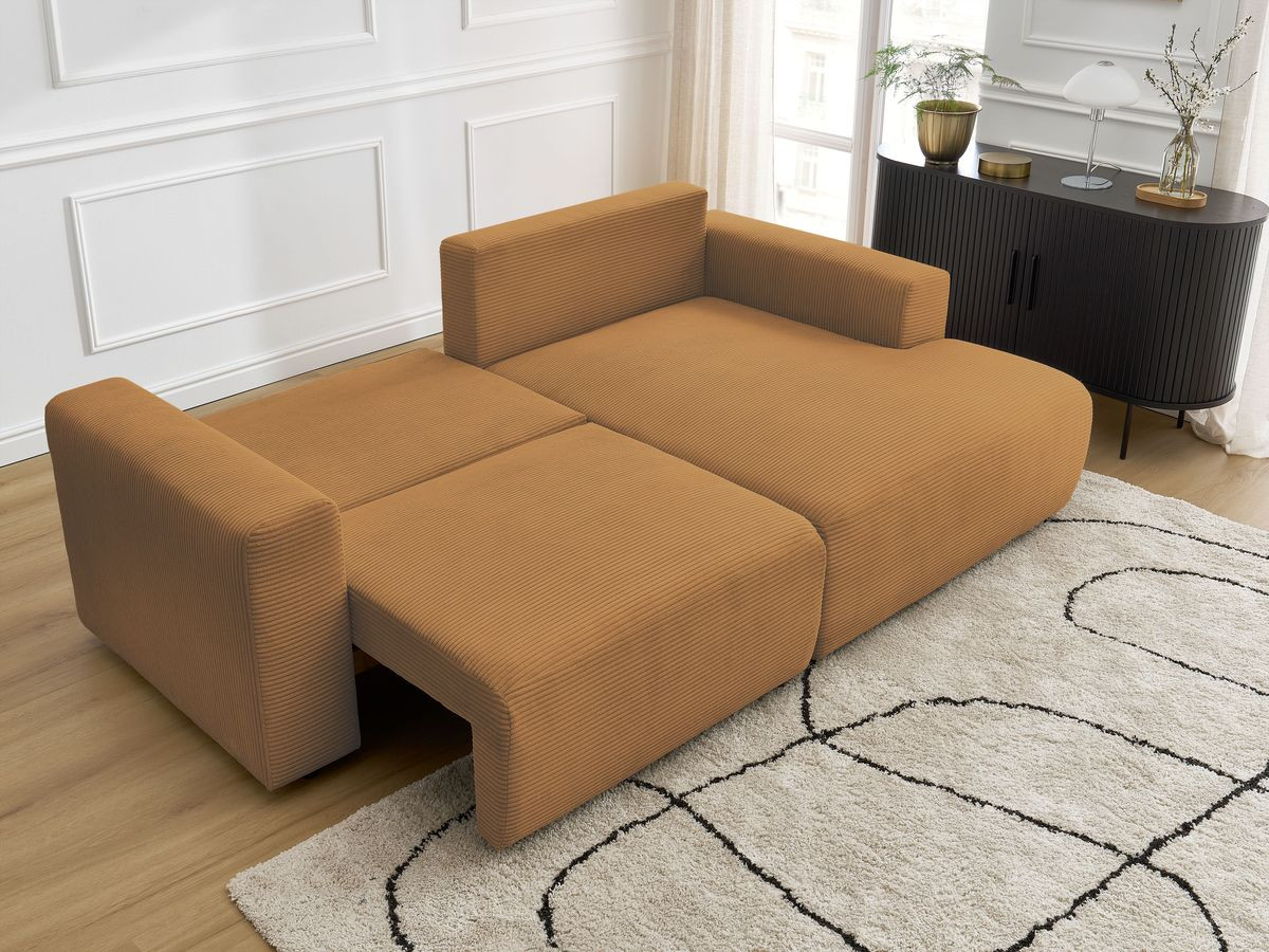 Bobochic Atilla Ecksofa mit Schlaffunktion und Bettkasten Cordsamt Gelb Ecke rechts