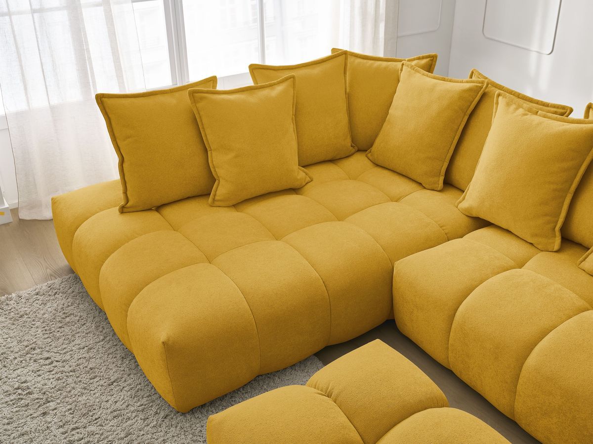 Bobochic Everest Ecksofa mit Schlaffunktion und Bettkasten und Pouf 320 × 212 cm, 10 Kissen Strukturstoff Gelb Ecke links