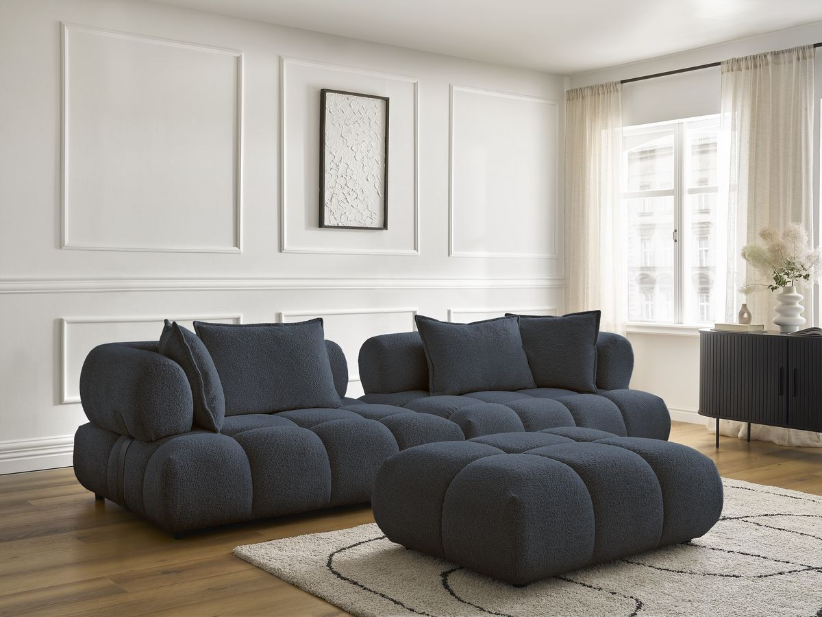 Bobochic Alya Sofa 4-Sitzer mit Pouf Bouclé-Stoff Dunkelblau