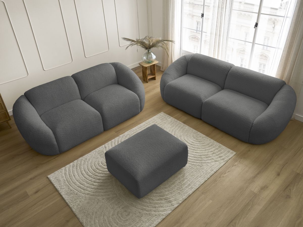 Bobochic Tina Sofa 6-Sitzer mit Pouf Bouclé-Stoff Dunkelgrau