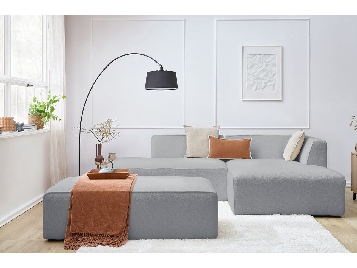 Bobochic Megeve Ecksofa mit Schlaffunktion und Pouf Bouclé-Stoff Hellgrau Ecke rechts