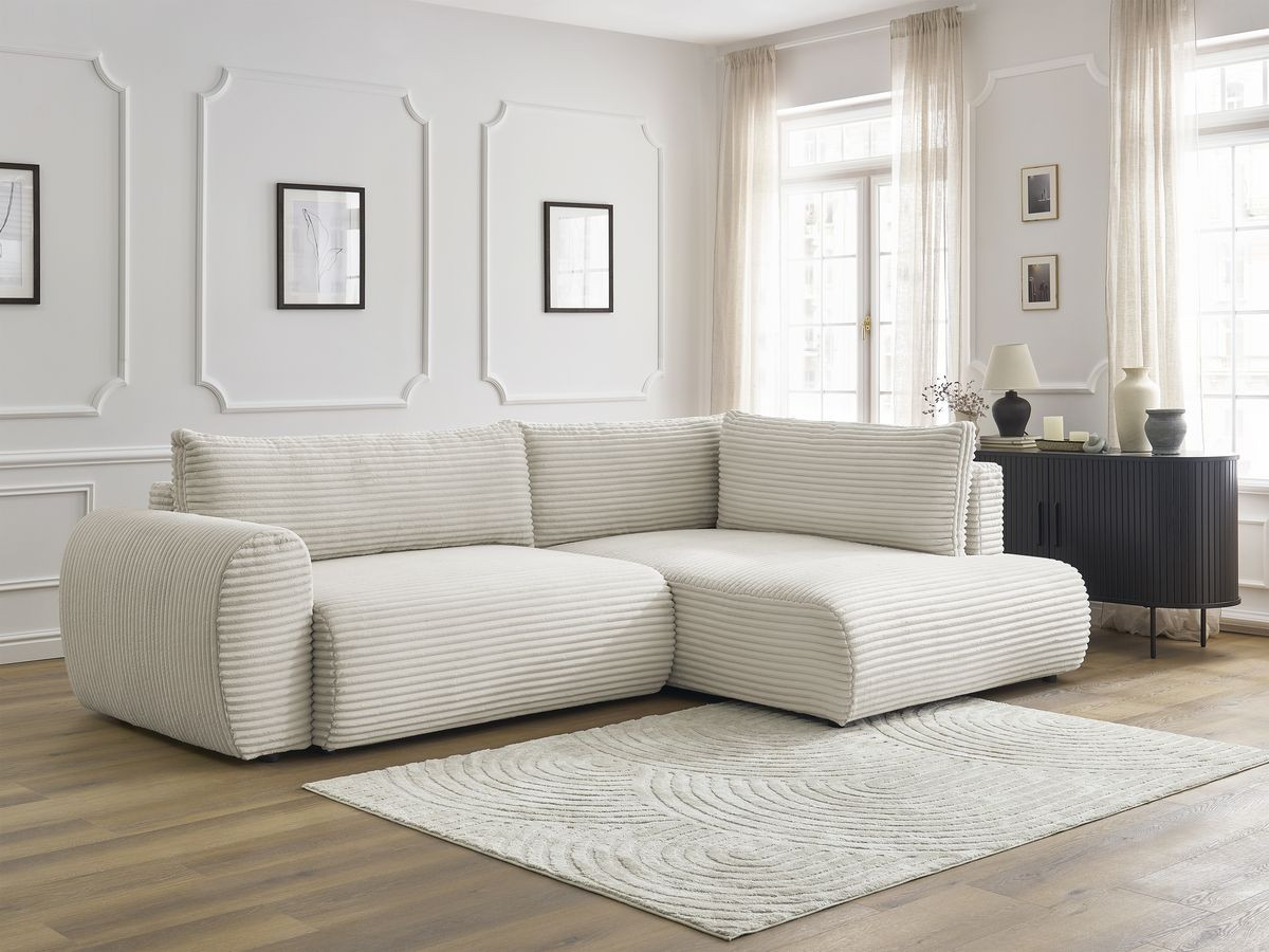 Bobochic Lucien Ecksofa mit Schlaffunktion und Bettkasten 296 × 198 cm Breitcord weich Beige Ecke rechts