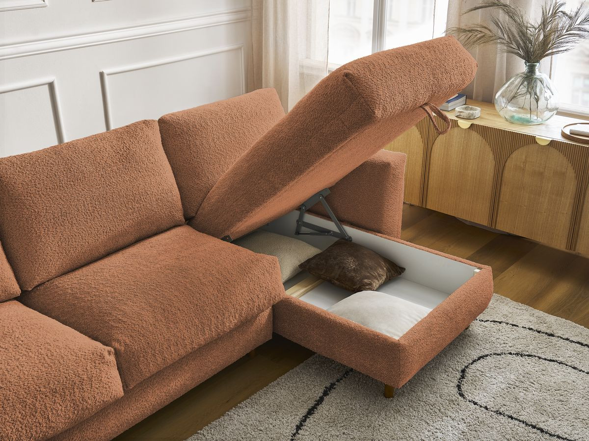 Bobochic Cocoone Ecksofa mit Schlaffunktion und Bettkasten Bouclé-Stoff Orange, Liegefläche 140 × 200 cm