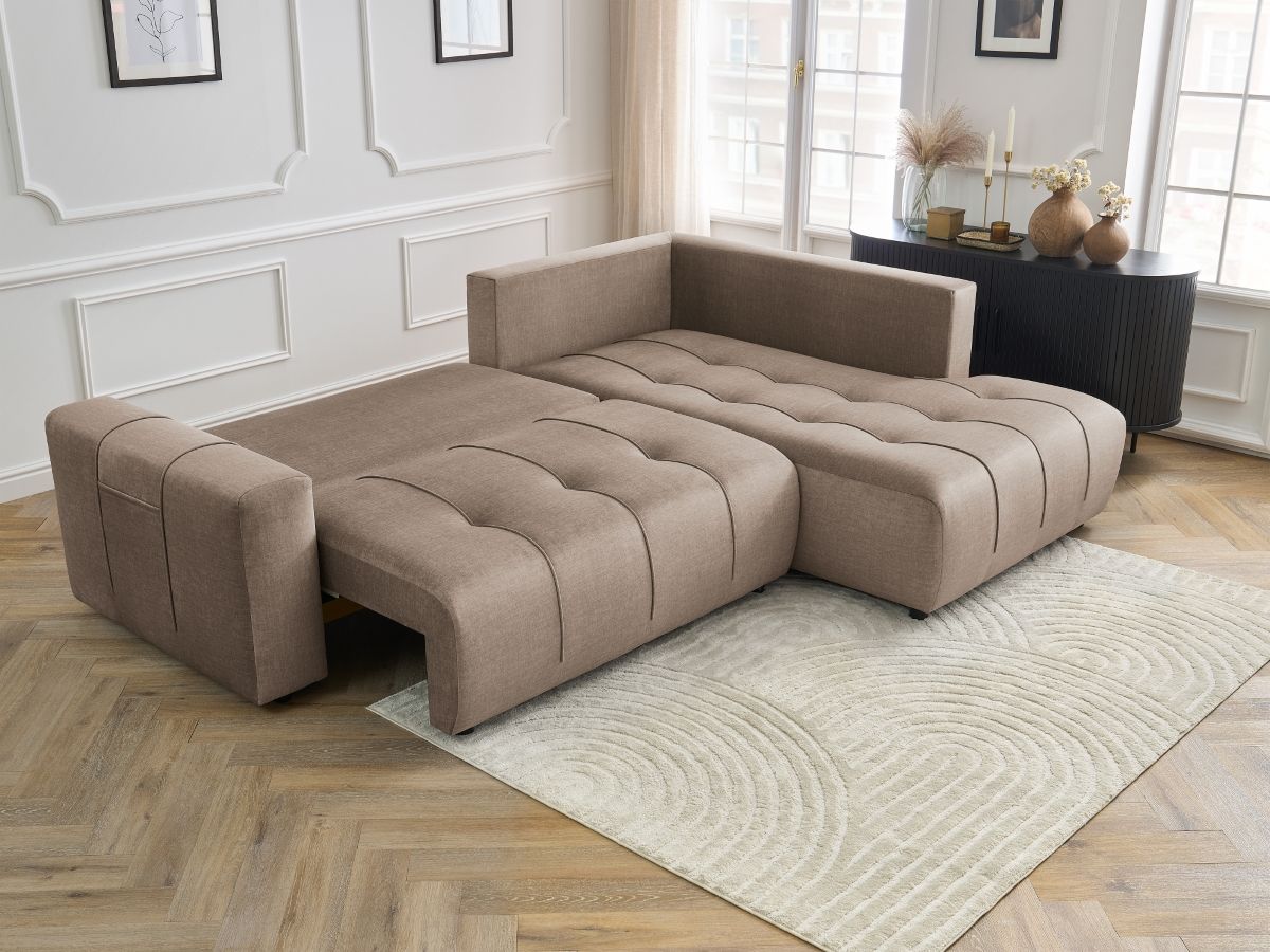 Bobochic Arsene Ecksofa mit Schlaffunktion und Bettkasten 277 × 200 cm Samt Taupe Ecke rechts
