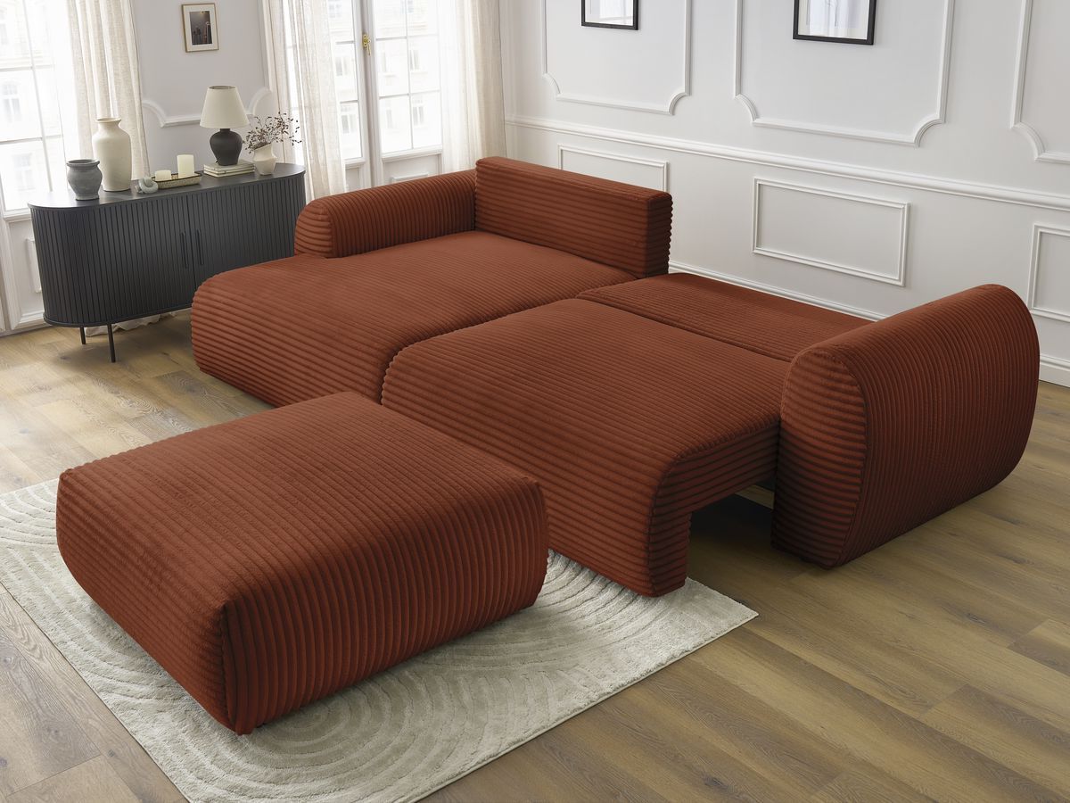 Bobochic Lucien Ecksofa mit Schlaffunktion und Bettkasten und Pouf 314 × 167 cm Breitcord weich Orange Ecke links