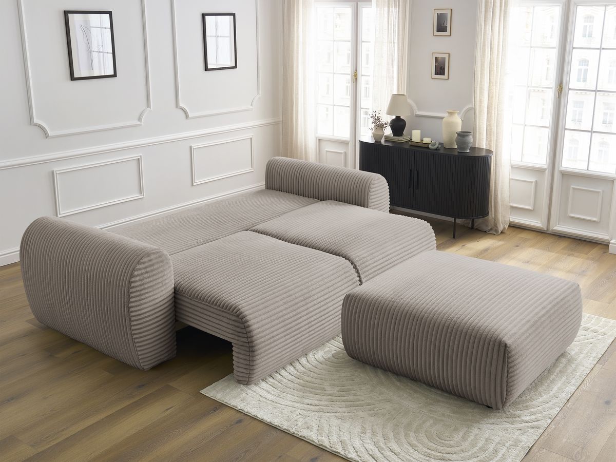 Bobochic Lucien Schlafsofa 4-Sitzer mit Bettkasten und Pouf Breitcord weich Taupe