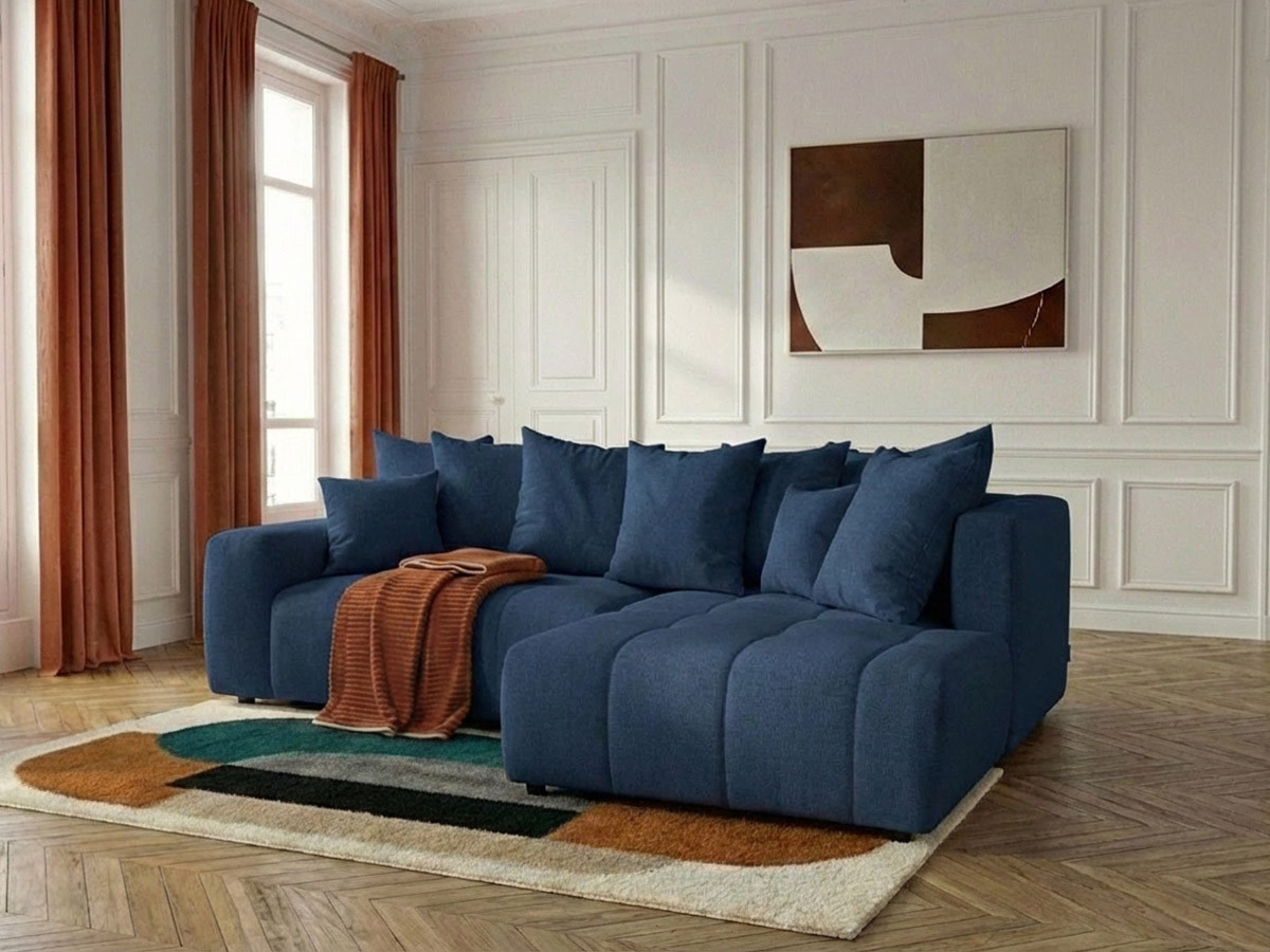 Bobochic Roxelane Ecksofa mit Schlaffunktion und Bettkasten Melange-Stoff Dunkelblau Ecke rechts
