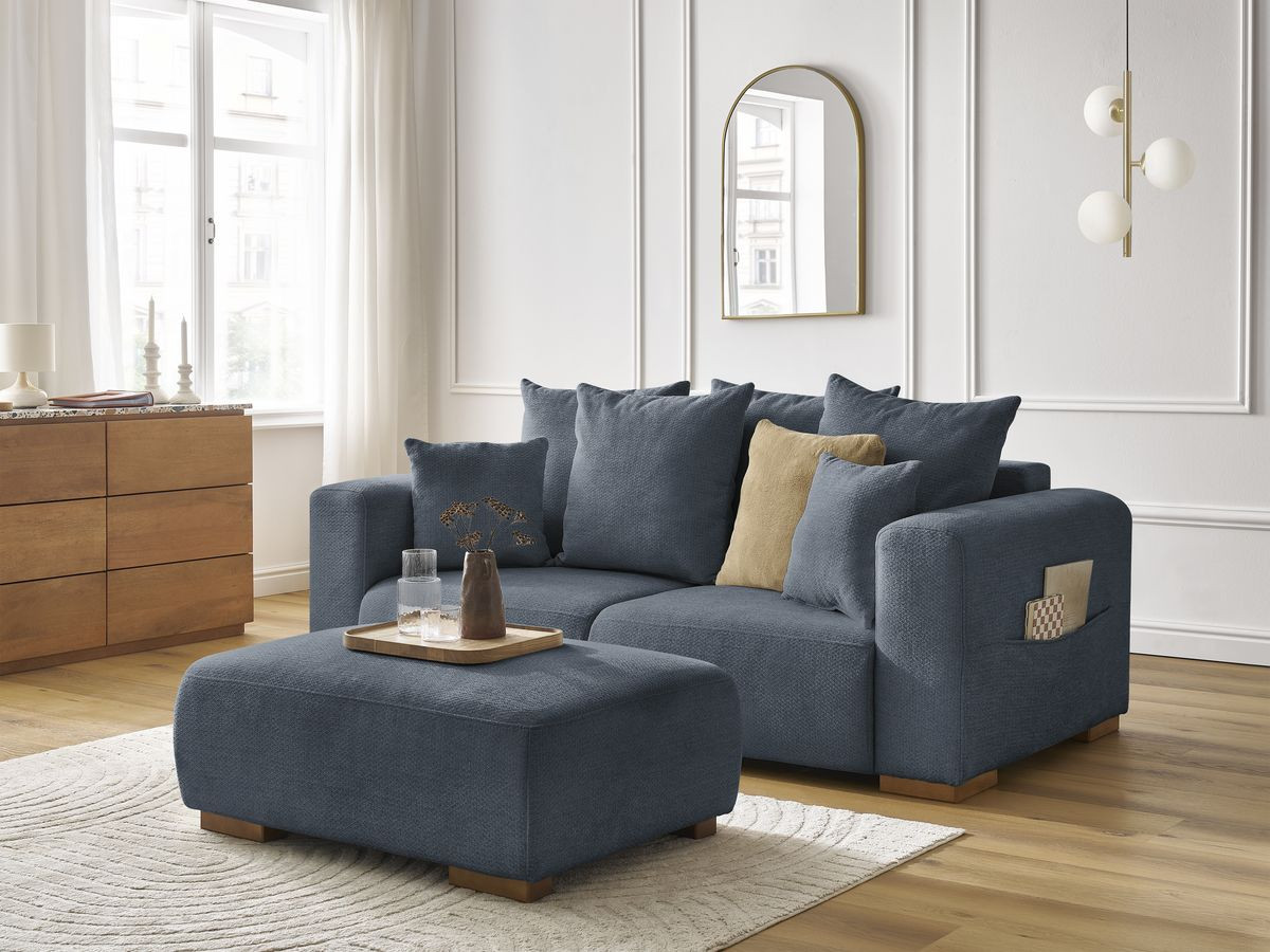 Bobochic Sidonie Sofa 3-Sitzer mit Pouf Melange-Stoff Dunkelblau