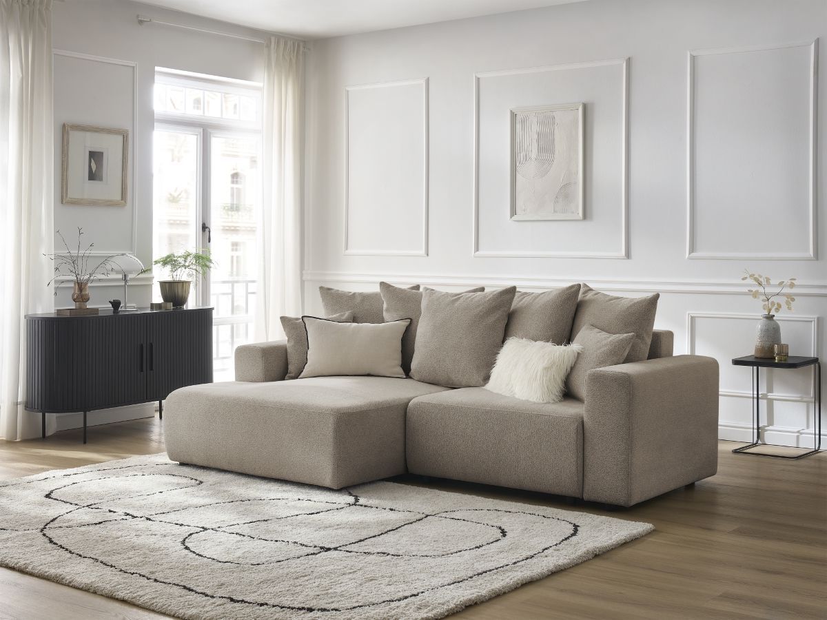 Bobochic Atilla Ecksofa mit Schlaffunktion und Bettkasten Melange-Stoff Taupe Ecke links