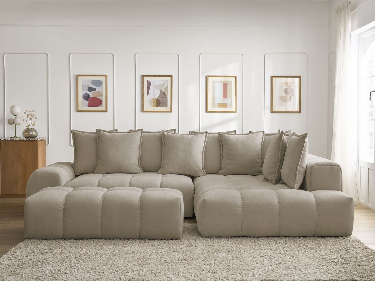 Bobochic Everest Ecksofa mit Schlaffunktion und Bettkasten und Pouf 320 × 212 cm, 10 Kissen Strukturstoff Taupe Ecke rechts