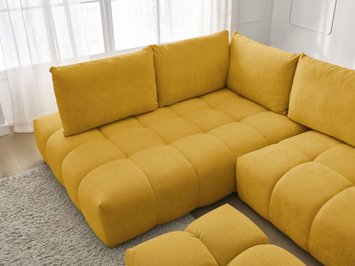 Bobochic Everest Ecksofa mit Schlaffunktion und Bettkasten und Pouf 320 × 212 cm, 5 Kissen Strukturstoff Gelb Ecke links