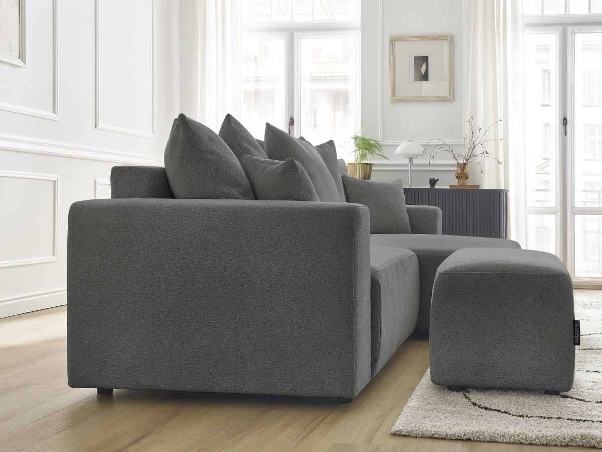 Bobochic Atilla Ecksofa mit Schlaffunktion und Bettkasten und Pouf Melange-Stoff Dunkelgrau Ecke rechts