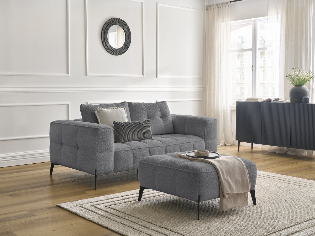 Bobochic Anis Sofa 2-Sitzer mit Pouf Bouclé-Stoff Dunkelgrau