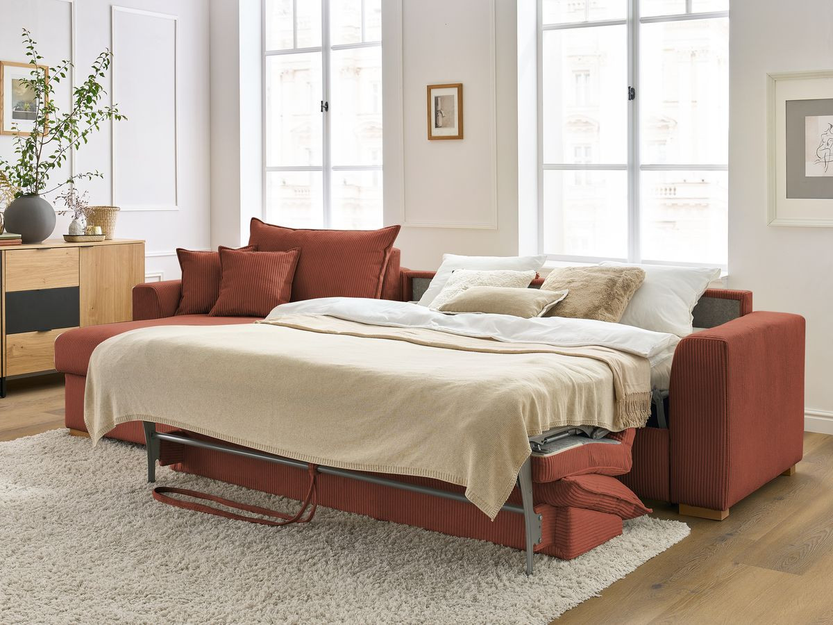 Bobochic Augustin Ecksofa mit Schlaffunktion und Bettkasten Cordsamt Orange, Liegefläche 160 × 200 cm