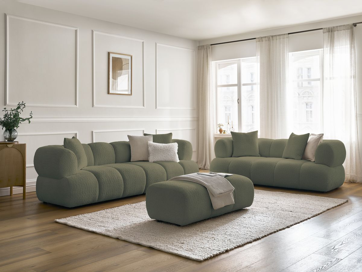 Bobochic Pamira Sofa 5-Sitzer mit Pouf Bouclé-Stoff Grün
